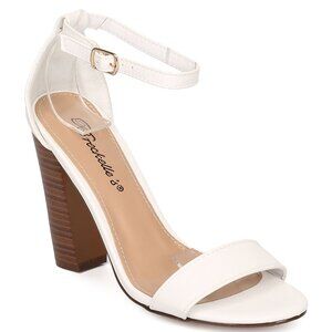 New Classic White Open Toe Ankle Strap Sandals Wood-Like Block Chunky High Heel